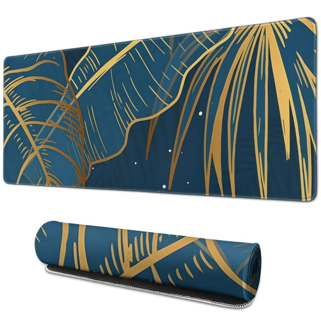 Elegant XL Extended Large Gaming Mouse Pad with Teal Tropical Leaves Design - Waterproof, Non-Slip, Stitched Edge, Perfect for Computer Keyboard, Laptop, Office Work - 31.5 x 11.8 Inch