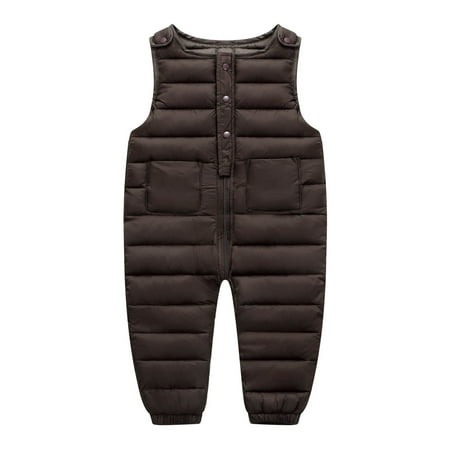 BLTIBY Baby Toddler Boys Girls Snow Bib Overalls Fall Winter Warm Pants Thicken Skiing Bibs Sleeveless Puffer One Piece with Pockets Brown 2-3Years