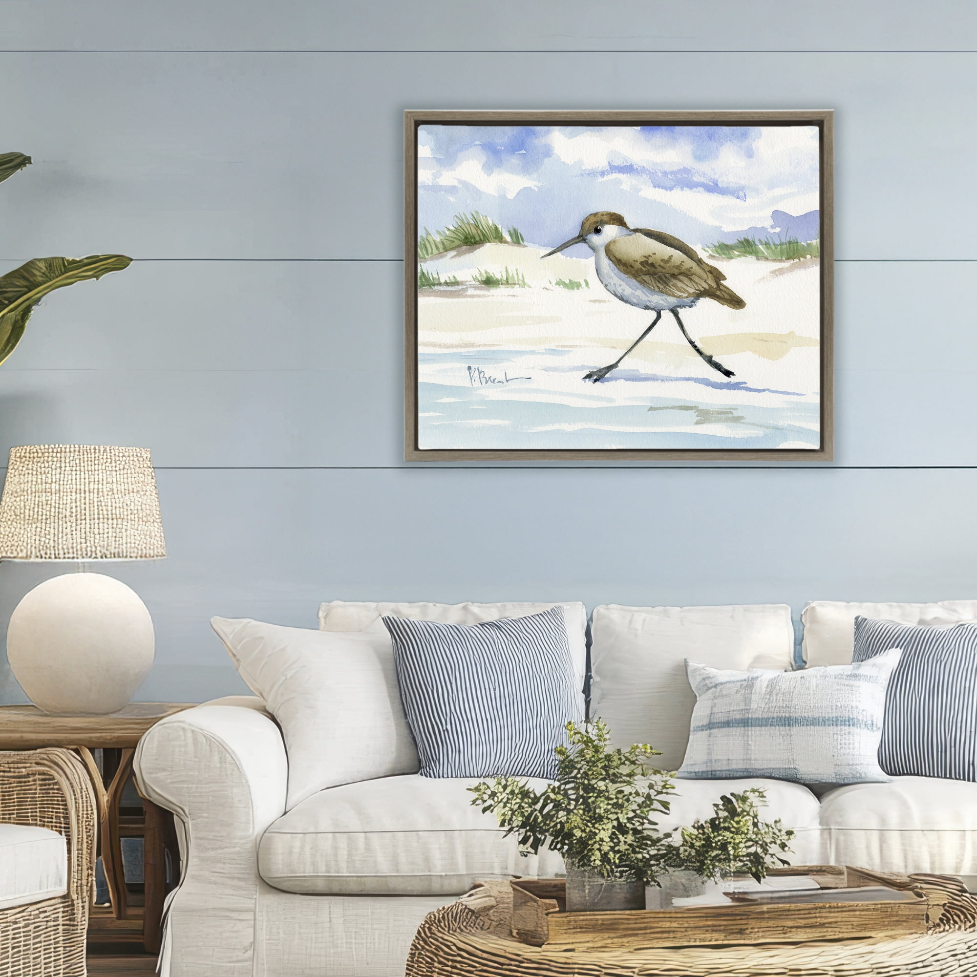 Stupell Industries Inlet Beach Sandpiper Running Brown Framed Floater Canvas Wall Art, design by Paul Brent