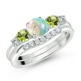 thumbnail image 2 of Gem Stone King 10K White Gold White Simulated Opal Green Peridot and White Lab Grown Diamond 5 Stone Bridal Engagement Wedding Ring Set for Women (0.85 Cttw, Round Cabochon: 5MM and 3MM, Size 5), 2 of 6