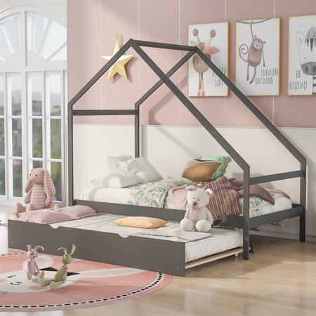 INCLAKE Twin Size Low House Bed for Kids  Twin Size Bed Frame with Trundle Bed  Wooden House Twin Bed Frame for Girls and Boys  Can be Decorated  No Box Spring Required  Gray