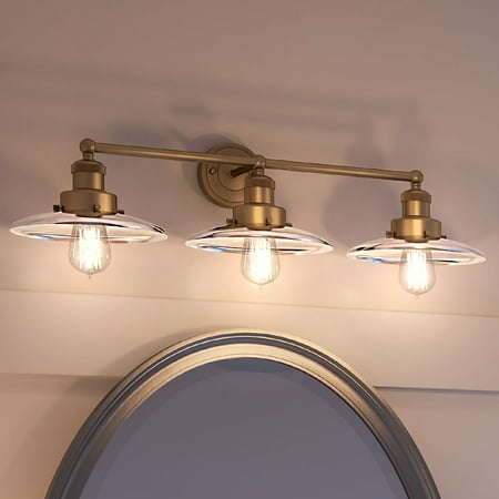 

Luxury New Traditional Indoor Bath Light 7 H x 28 W with English Countyr Style Elements French Country Design Satin Brass Finish and Clear Glass UEX2439