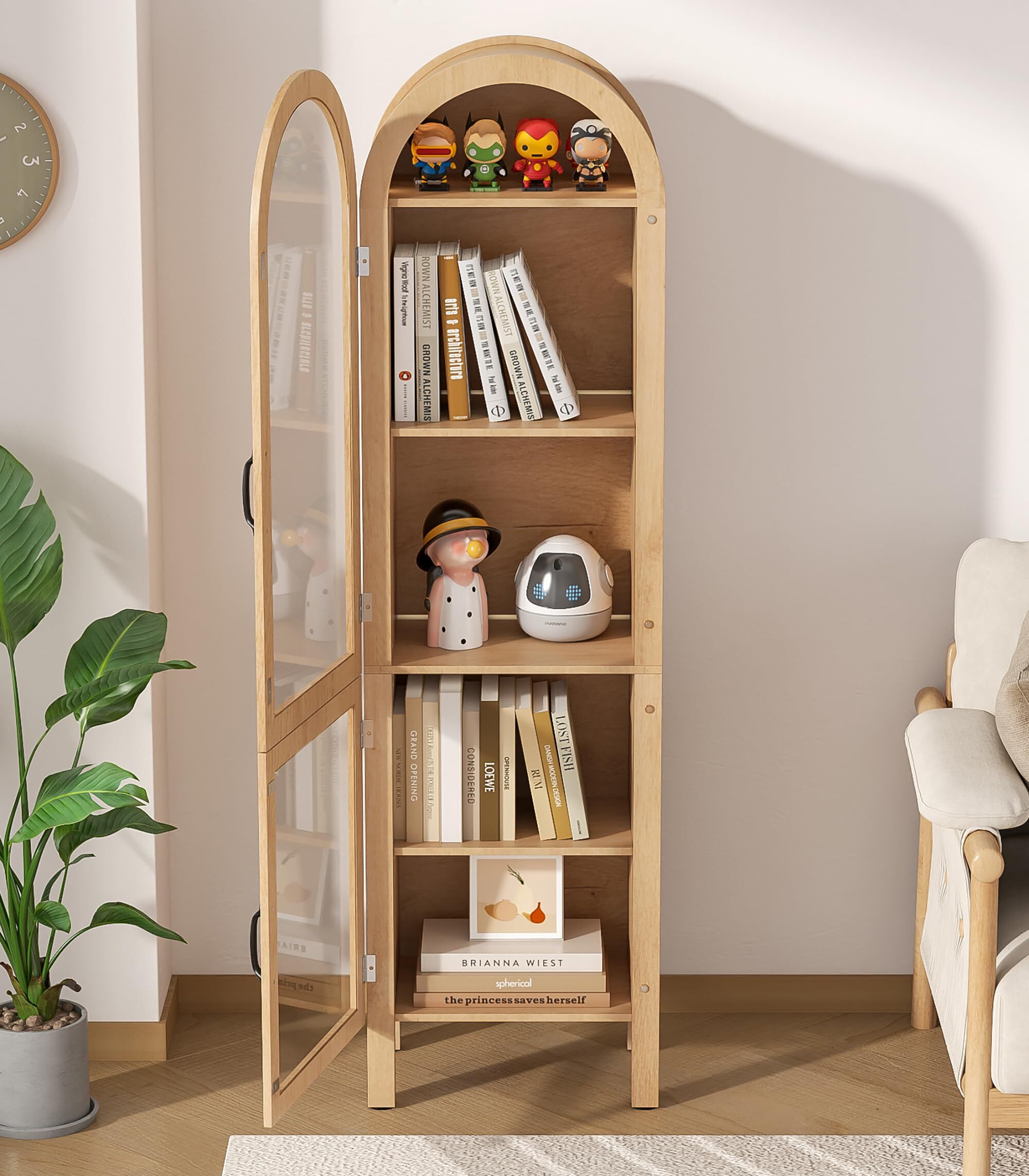 Fsbecl Tall Arched Storage Display Cabinet, Kitchen Pantry Cabinet with Doors, Wood