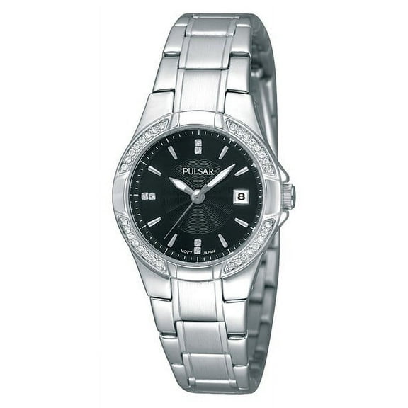 Pulsar Womens Crystal Analog Stainless Watch - Silver Bracelet - Black Dial - PH7293