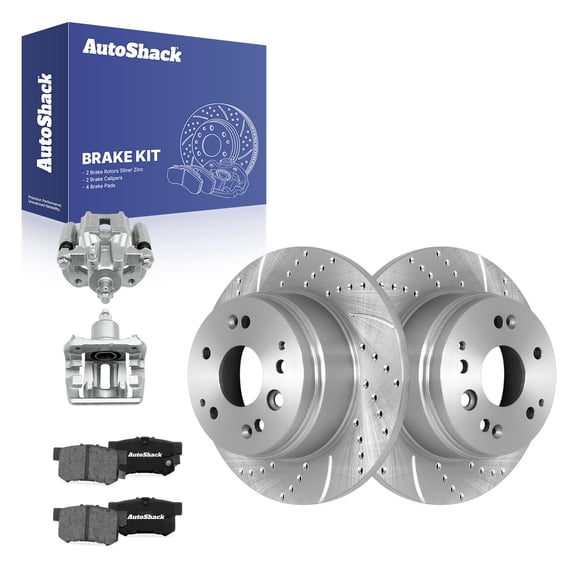 AutoShack Rear Solid Drilled & Slotted Silver Zinc Coated Brake Rotors   Ceramic Pads   Calipers 8-PC Brake Kit Replacement for 2004-2008 Acura TL SilverShield Pro 11.1" (282 mm)