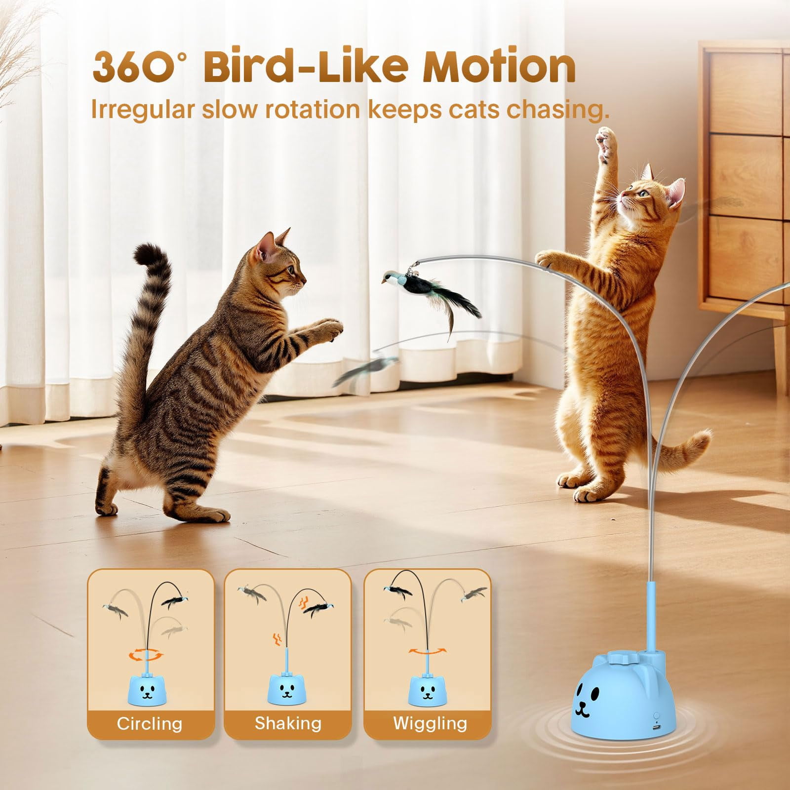 Interactive Cat Toys For Indoor Cats: Upgraded 360° Automatic Spin Flying Bird Wand With Silicone Protected Rod Safe Play  Strong 8cm Suction Cup Usb-rechargeable Bored Kittens And Adult