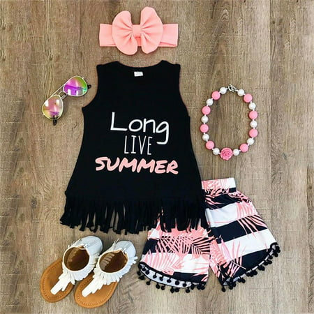 Summer Baby Kids Girls Toddler Tassel Tank Top Vest + Short Pants + Bowknot Headband 3PCS Outfits Clothes Set 1-2 (Best New Years Eve Outfits)