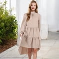 thumbnail image 2 of Women's High Neck Tiered Swing Dress with Long Sleeves- Large, Tan, 2 of 7