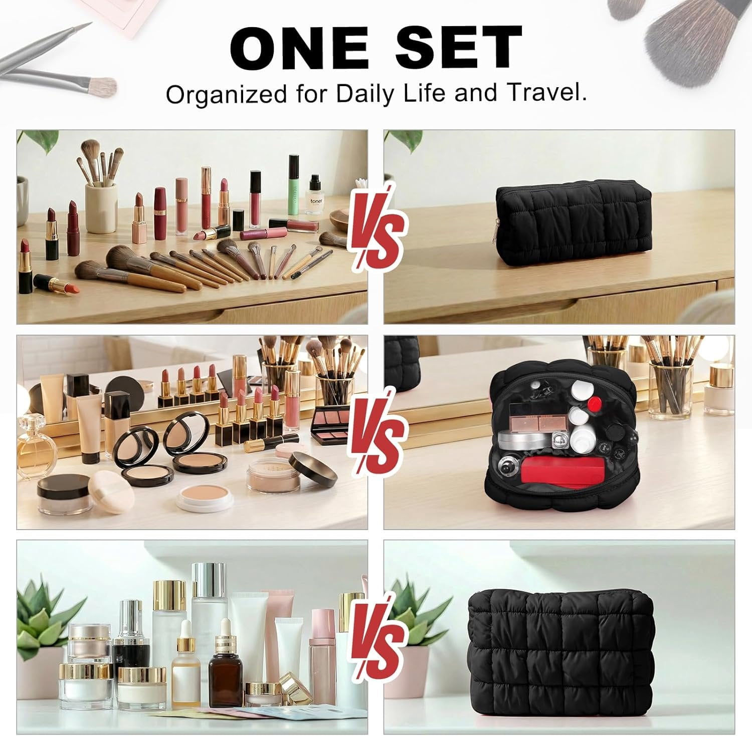 3 count Makeup Bag Set Quilted Travel Toiletry Organizer Large Capacity  Pouch Soft Storage Case for Women Girls Travel Essentials Gifts
