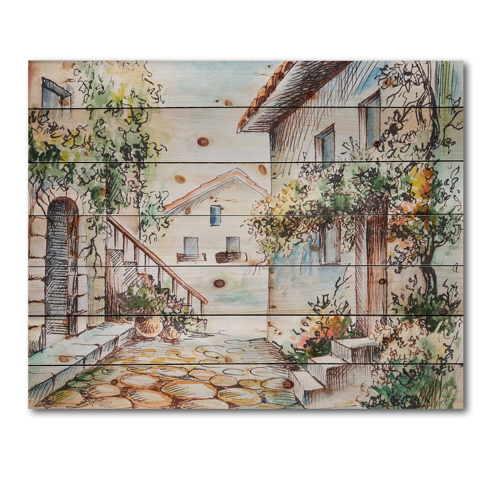 Designart 'Sunny Day At The Vintage City Cozy Street' Traditional Print on Natural Pine Wood