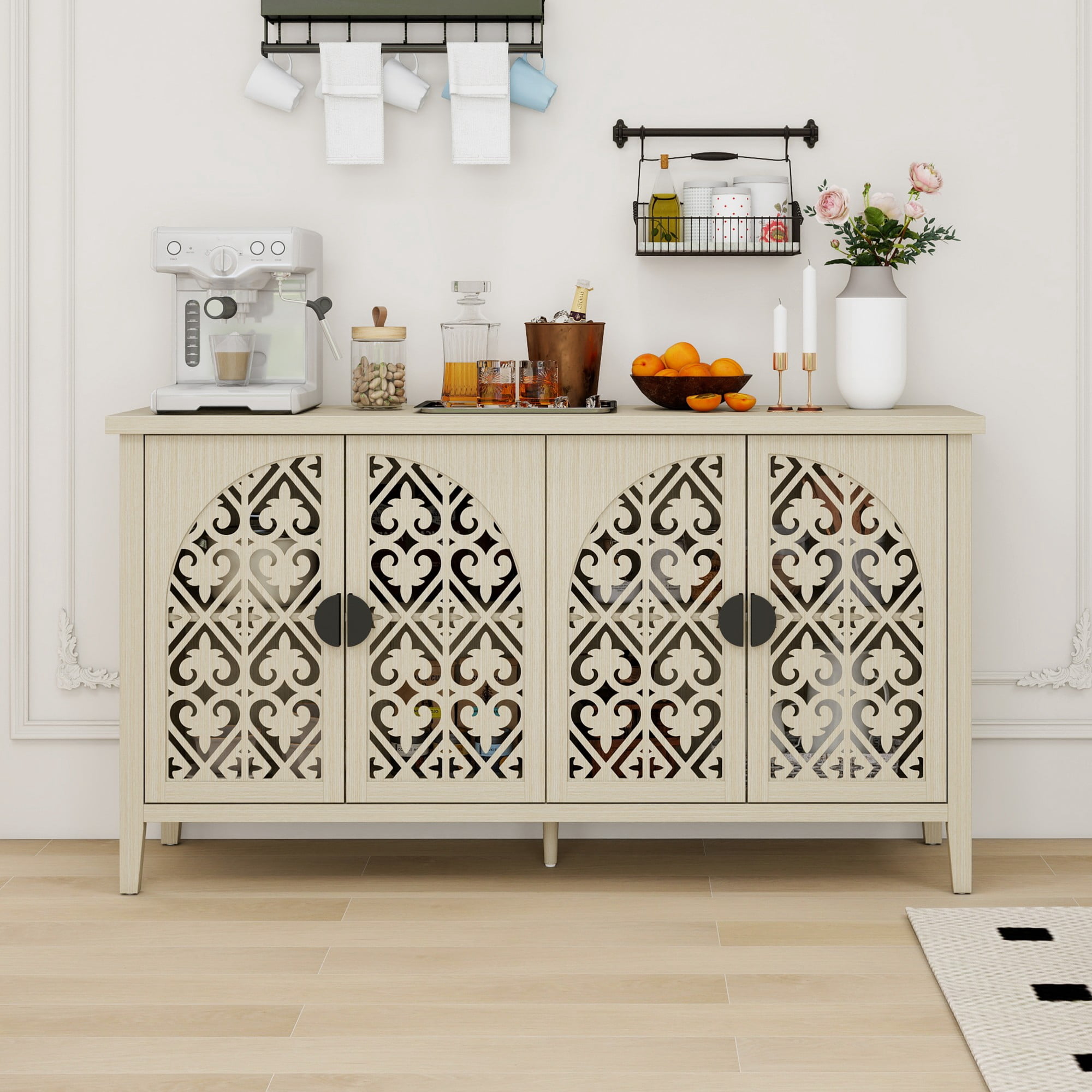 Gewnee Hollow-Design 4-Door Cabinet, Traditional American Furniture for Bedroom, Living Room and Study