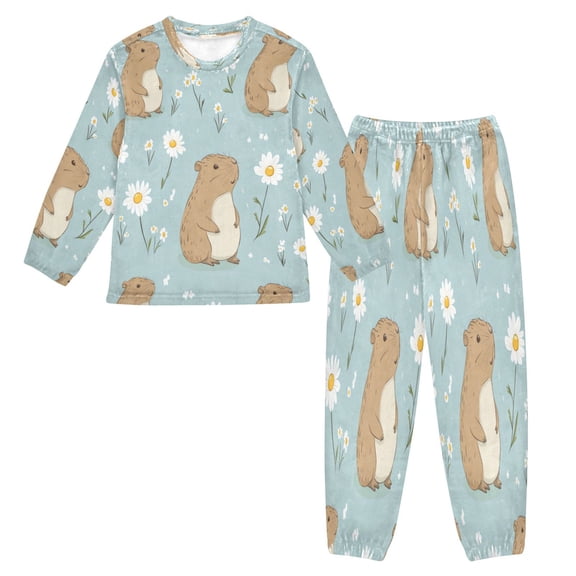 Fluffy Pajamas Set Fuzzy Winter Warm Pj Sets Pullover Tops and Long Pants Cute Capybara and Daisies X-Small