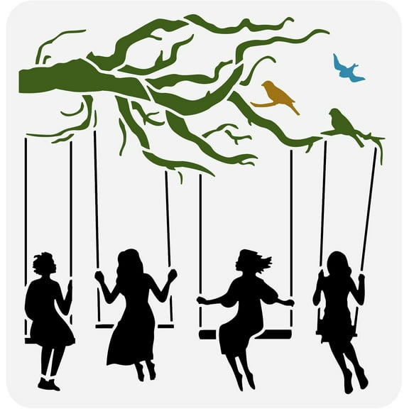 1 pc Tree Swing Girls Stencil 11.8x11.8inch Reusable Tree Branch Painting Template Girls Swinging Under The Tree Decoration Stencils for Painting on Wood Wall Fabric Paper Furniture