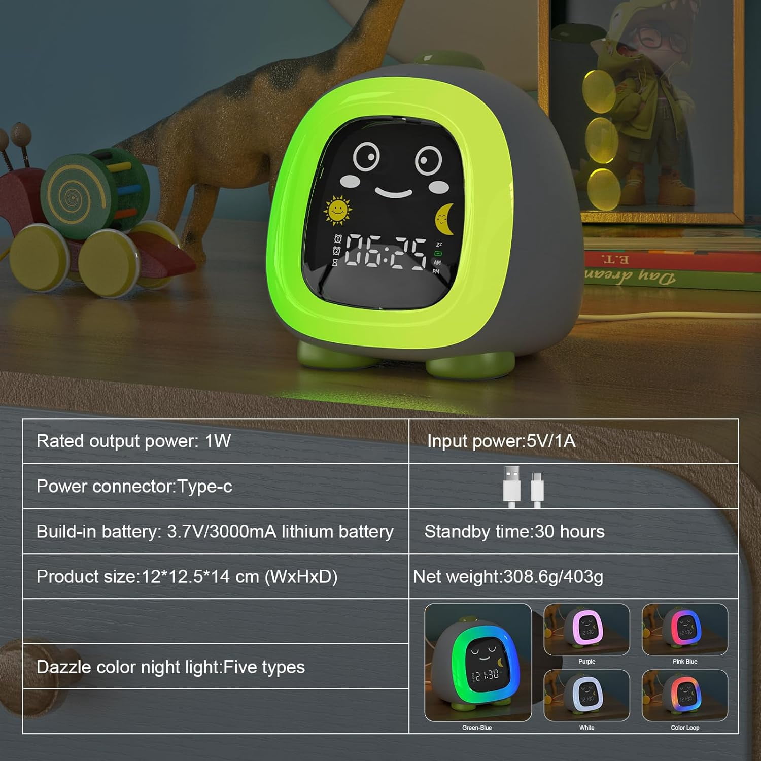 Hansang Kids Alarm Clock with 6-Color Night Light, Sleep Training OK to Wake Clock with Timer, Cute Green Dinosaur Design for Boys and Girls
