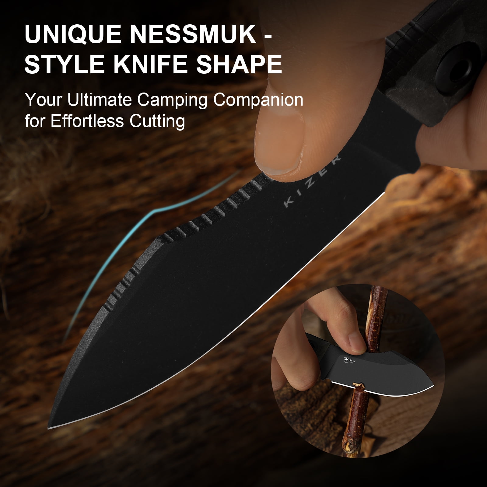 Kizer Rook Fixed Knife 10V Blade Richlite® Handle With Sheath 1090A1 Camping
