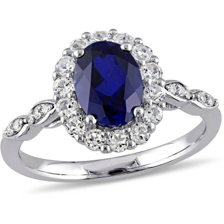 Tangelo 2-5/8 Carat T.G.W. Created Blue Sapphire, White Topaz and Diamond-Accent 14kt White Gold Vintage Engagement Ring