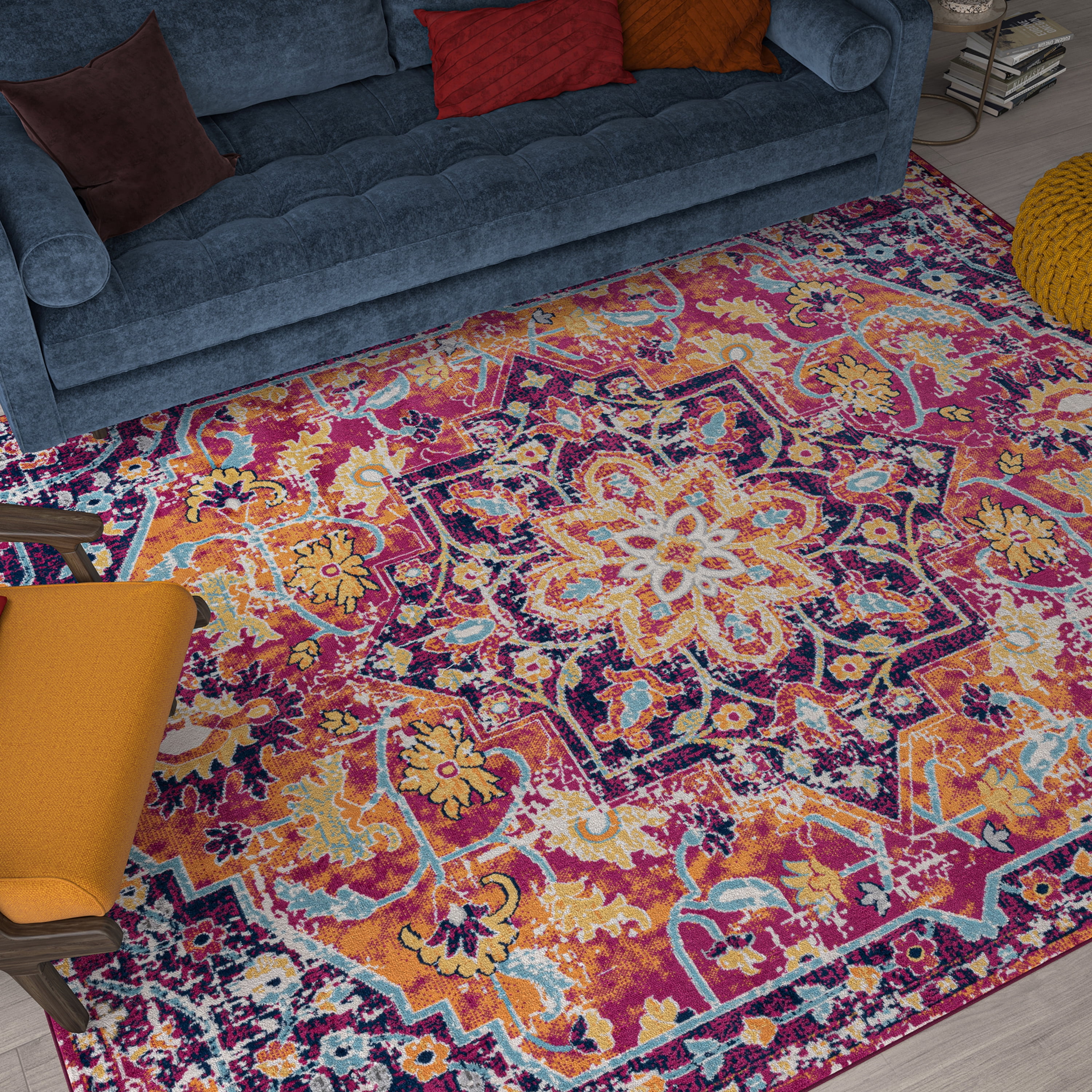 Transitional 2x8 Area Rug (2'2'' x 7'3'') Medallion Pink, Orange Indoor Runner Easy to Clean