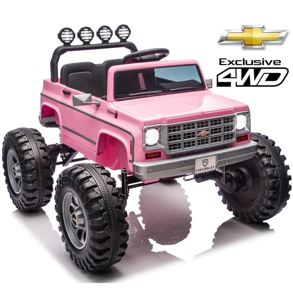 Chevrolet Cheyenne 24 Volt Ride on Toys, Joyracer Electric Truck for Kids, Power Car Wheels with Remote, Bluetooth, USB, LED Lights, Pink