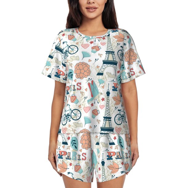 Balery Eiffel Tower Conjunto de Pijama para Mujer con Estampado, Dos Piezas de Manga Corta y Shorts, Ropa de Dormir Suave con Cuello Redondo y Bolsillos-X-Large