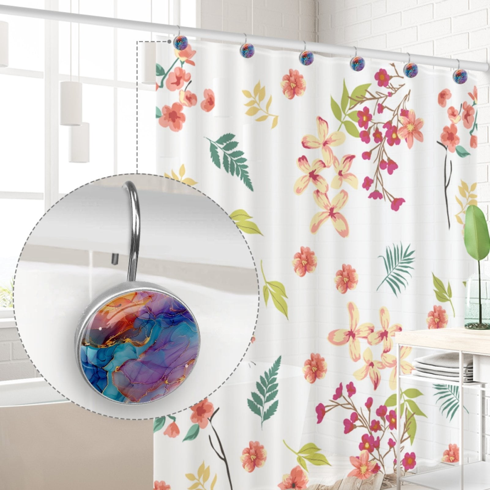 HemaKayy 12 Pcs Decorative Marble Shower Curtain Hooks - Stylish Design, Rust Proof, Easy to Install, Durable - Easy Glide and Secure Fit - Perfect Home, Kitchen, Bathroom Decor - Colorful Gold