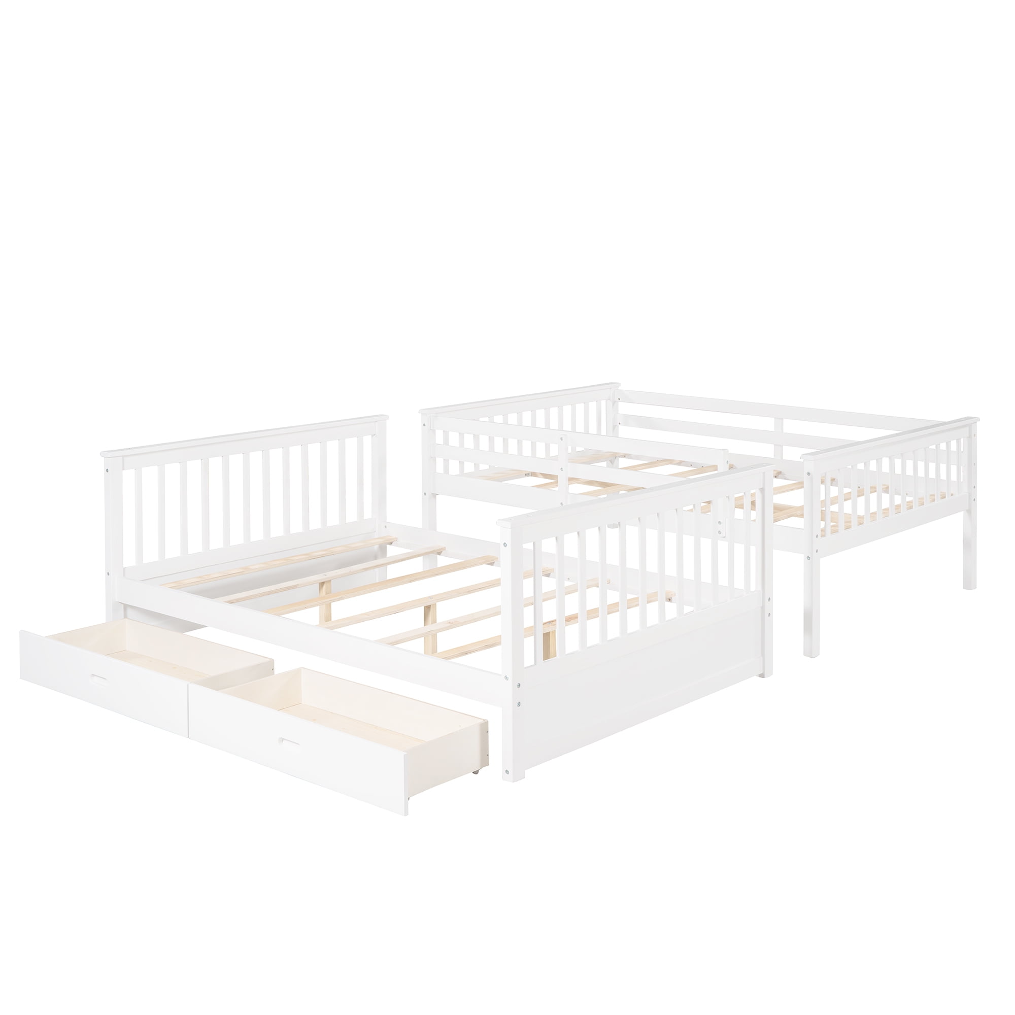 Aukfa Full over Full Bunk Bed with Two Storage Drawers, Wood Convertible Two Bed for Kids Teens - White