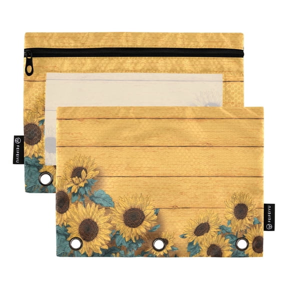 2 Pack 3 Ring Binder Pouch with Clear PVC Window Water Resistant Zipper Pencil Pouch Bright Colors Sunflowers Binder Pocket for Classroom Office Home Stationery Organization