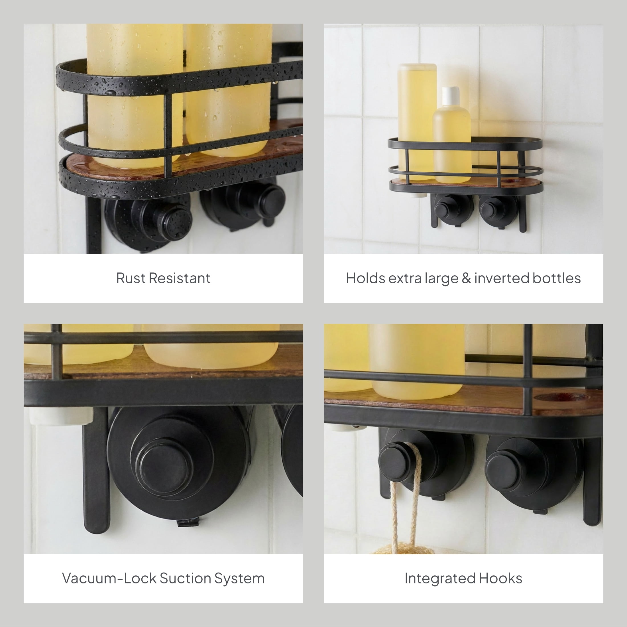 Better Homes & Gardens StyleGrip™ Suction Mount Shower Caddy with Carbonized Acacia Wood Tray, Matte Black