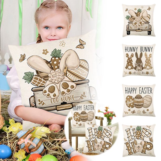Juego de 4 fundas de cojín decorativas de Pascua, 43 x 45 cm, con diseño de conejito de Pascua, funda de cojín cuadrada suave, decoración para el hogar y exteriores, para sofá C