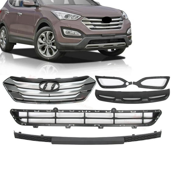 Compatible with Hyundai Santa Fe Sport 2013 2014 2015 2016 Front Upper Grille Chrome Skid Plate Fog Light Bezels Set 6pcs
