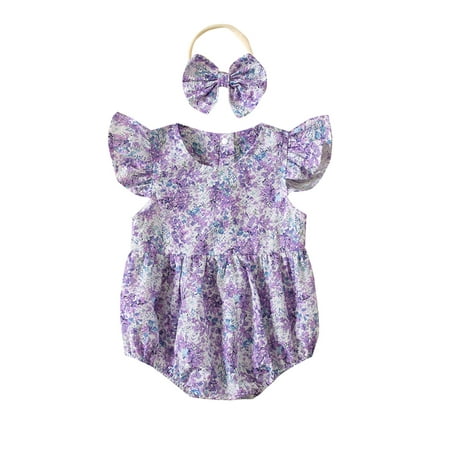 

Binpure Baby Girl s Romper Flying Sleeve Floral Printed One Piece Romper + Bowknot Headband