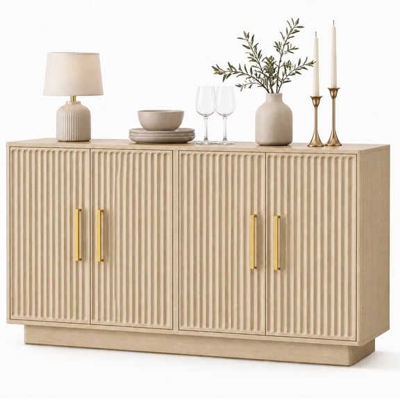 55in Buffet Cabinet, PAPROOS Modern Fluted Sideboard Cabinet with 4 Doors and Adjustable Shelf, Wooden Coffee Bar Cabinet Station for Dining Room Living Room, Natural