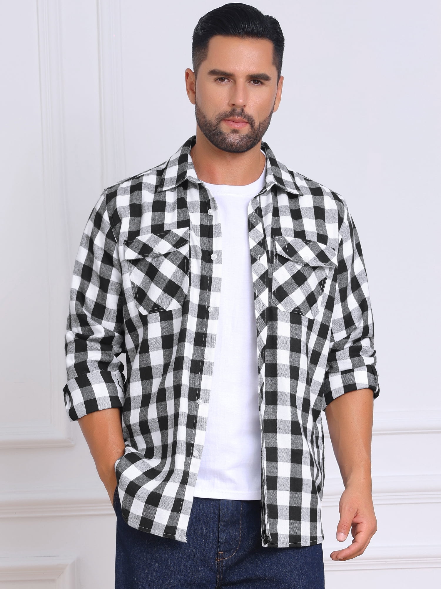 DARING DIVA Men's Contrast Color Slim Fit Long Sleeved Button Down Shirts XL Black White
