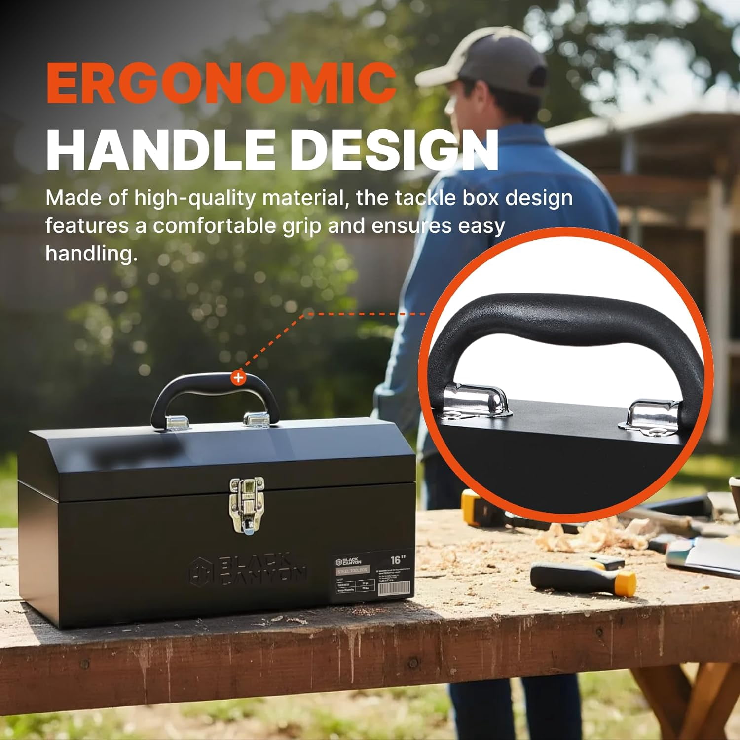 16 Inch Metal Tool Box, Portable Carbon Steel Toolbox with Padlockable Design for Mechanics and