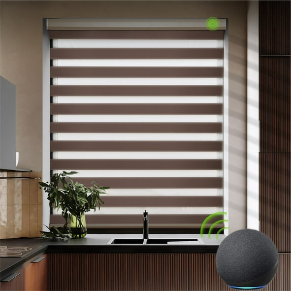 Yoolax Motorized Blinds Remote Voice Control Electric Zebra Blinds Smart Blind for Windows(95% Shading Brown,52"W x 72"H)