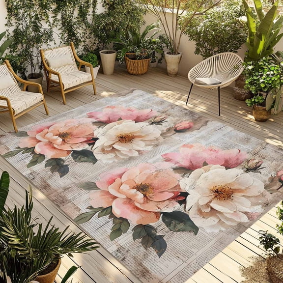 Fsddascl Pink Spring Floral Outdoor Rug for Patio/Deck/Porch, Non-Slip Large Area Rug 4 x 6 Ft, Vintage Pastoral Flowers Summer Botanical Indoor Outdoor Rugs Washable Area Rugs, Camping Rug Carpet