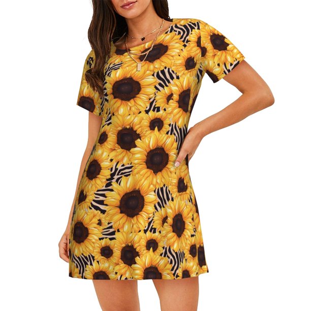 Easygdp Artistic Zebra Print Sunflower Camisón de manga corta para mujer, informal, estampado
