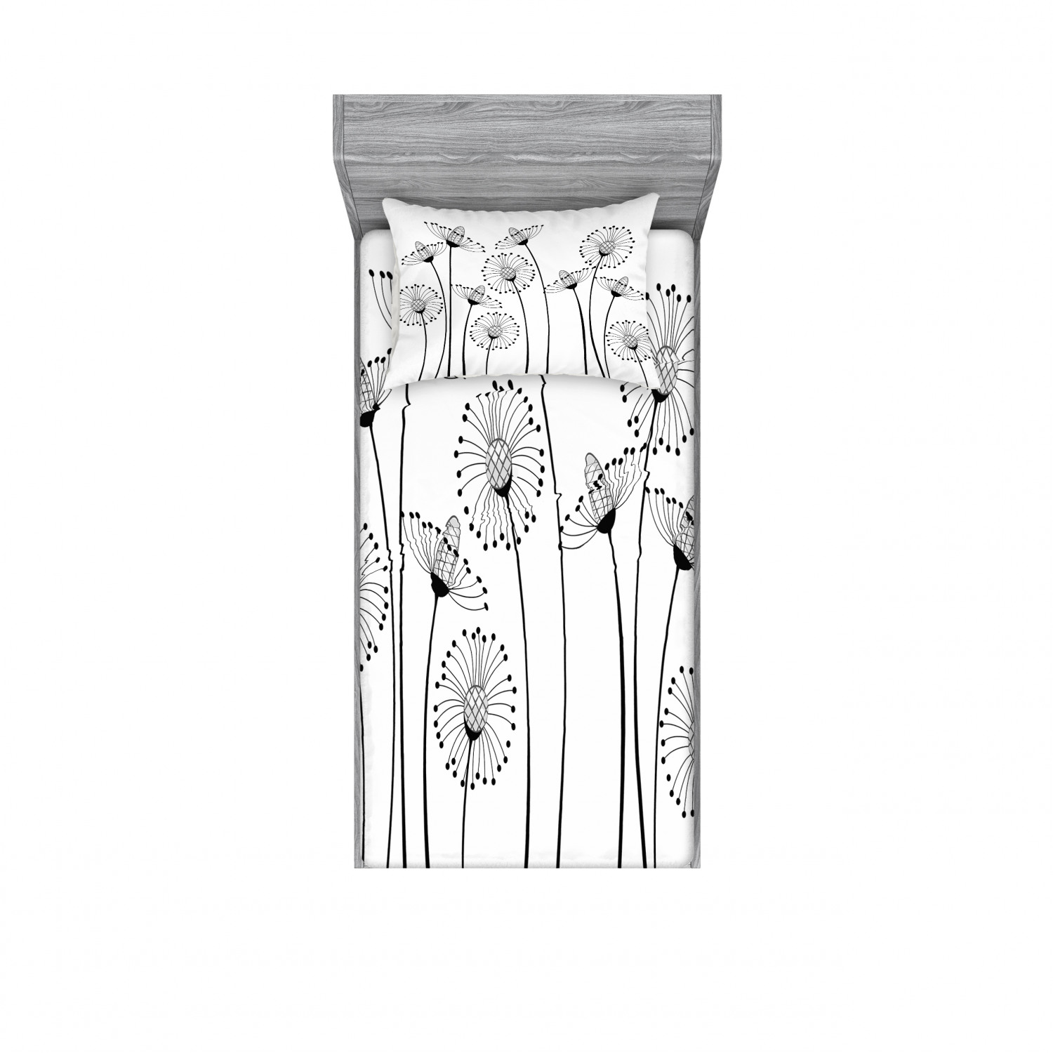 Black and White Bedding Set with Sheet & Covers, Meadow Flowers with Abstract Dandelions in