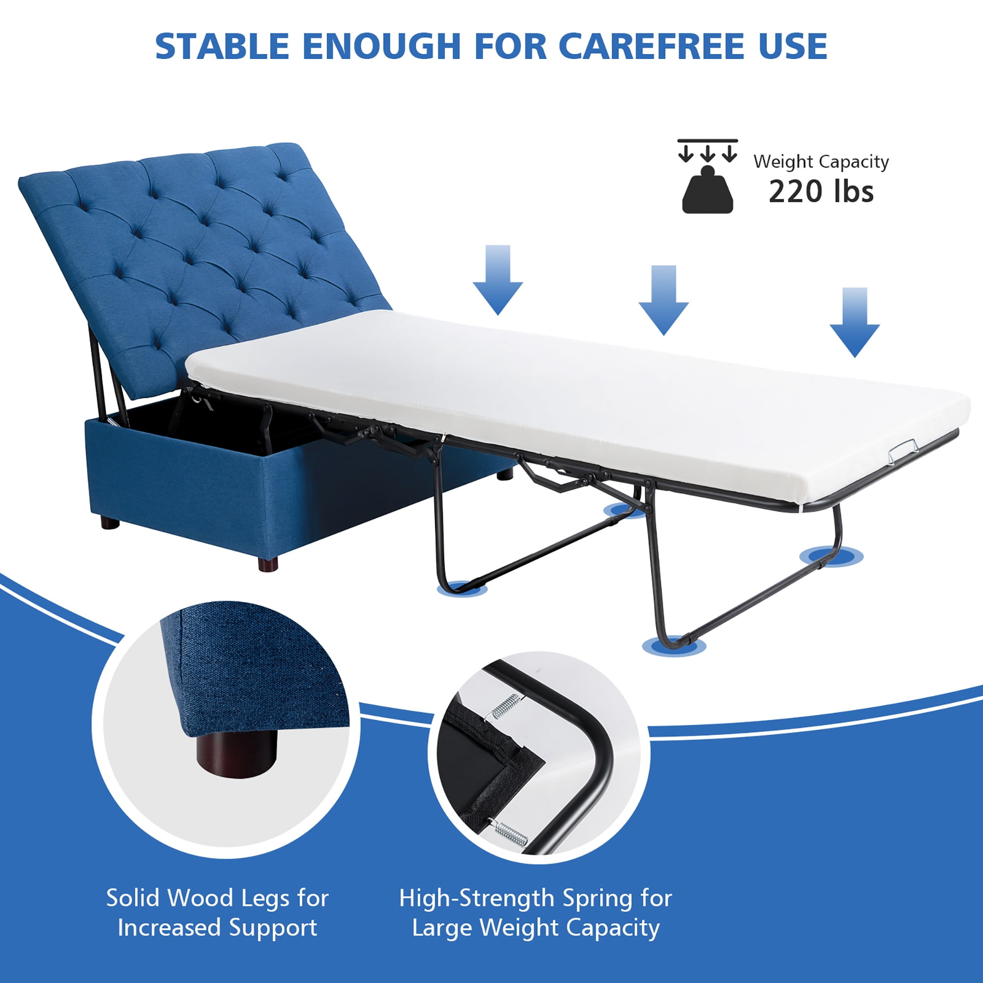 Costway Folding Ottoman Sleeper Bed with Mattress Convertible Guest Bed Blue