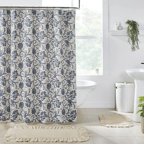 VHC Brands Dorset Bathroom Shower Curtain, Floral, Navy, 72x72