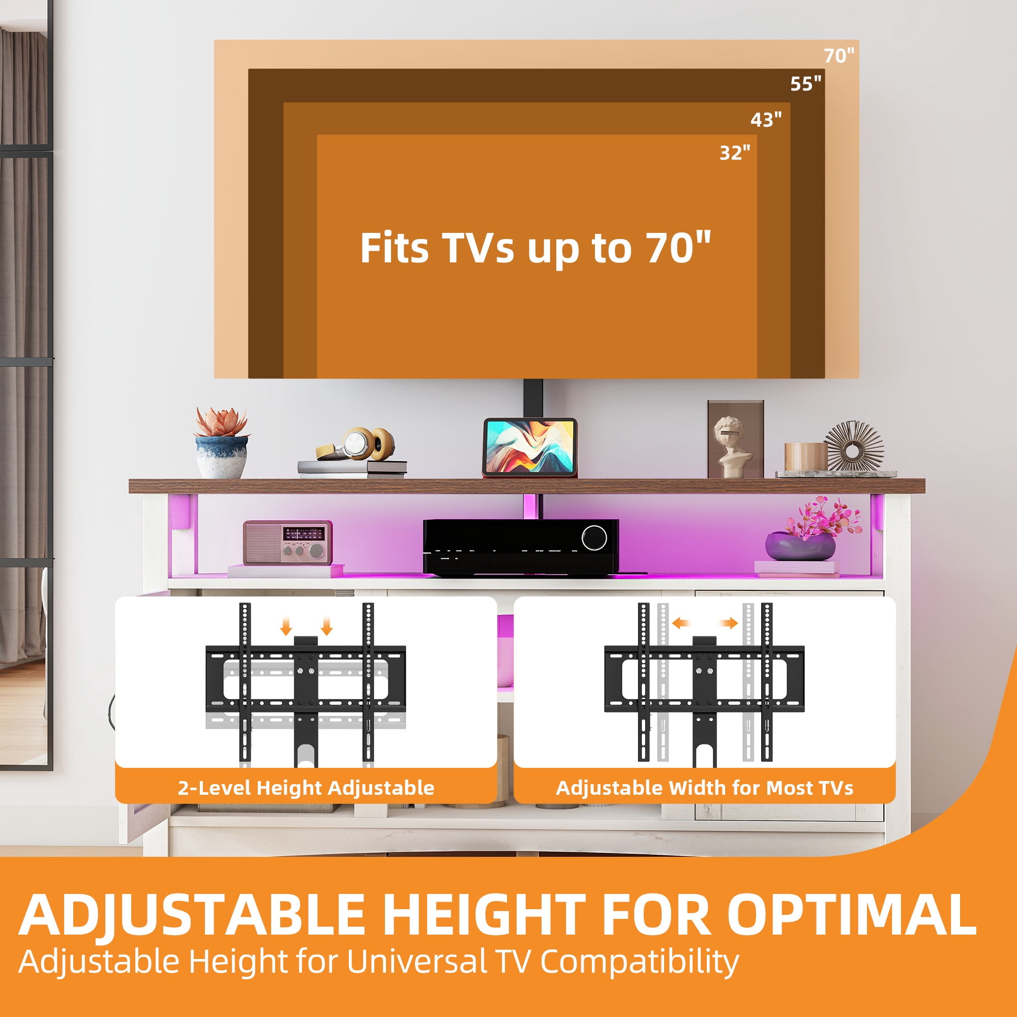 Craftian TV Stand with Mount & LED Lights, Farnhouse Entertainment Center with Power Hub for 70 Inch TV, Warm White
