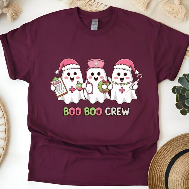 Boo Boo Crew Nurse Shirt | Cute Ghost Christmas Graphic Tee, Maroon, Size S