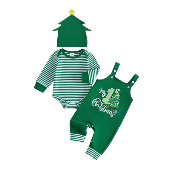 RUINIXCW Baby Boy Girl My 1st Christmas Outfit 3Pcs Striped Romper with Suspender Pants for Newborn Holiday Photos Xmas