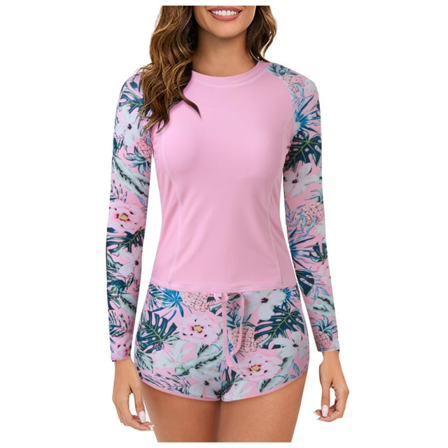 Kcodviy Femmes 2 Pcs Long Femmes Manche Longue Rashguard Manche Garde avec Garde pour Femmes Manche Courte Maillots avec Soutien-Gorge Intégré Hauts Rashguard Courts Upf 50+ Chandail de Bain avec Bas Culottes Garçonnes