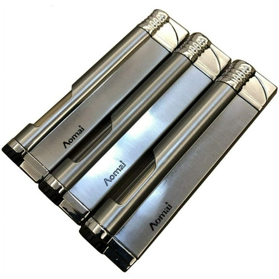 Piioket 3 Pcs Jet Blue Flame Metal Cigar Cigarette Lighter Windproof Refillable Butane Gas Fuel Viewable with Electric Wire Ignition Protection - Aomai Silver