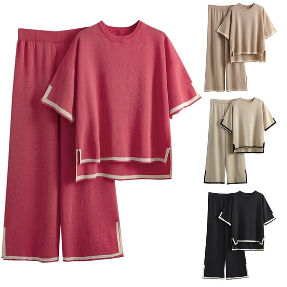 Ashirexll Vacation Outfits for Women, Two Piece Sets for Women, Printed Short Sleeve Shirt and Pants Summer Two Piece Suit