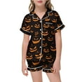 thumbnail image 4 of Halloween Pajamas Kids Pumpkin Ghost Bat Print Satin Pajamas for Girls Boys Short Sleeve Button Down Shirts Shorts Set Tween Pajamas Girls 10-11 Years, 4 of 4