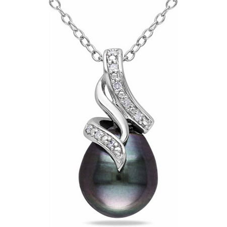 Gray Tahitian Pearl Pendant - 9-9.5mm Black Drop Tahitian Pearl and Diamond Accent Sterling Silver Swirl Pendant, 18