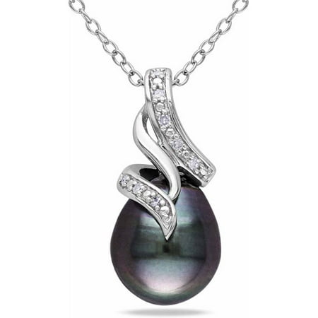 9-9.5mm Black Drop Tahitian Pearl and Diamond Accent Sterling Silver Swirl Pendant, 18