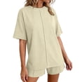 thumbnail image 4 of BRGZLK Women's Casual Summer 2 Piece Sets Solid Color Fashion Comfortable Round Neck Short Sleeve Tshirt and Pocket Shorts Matching Loose Homewear Set Beige M, 4 of 6