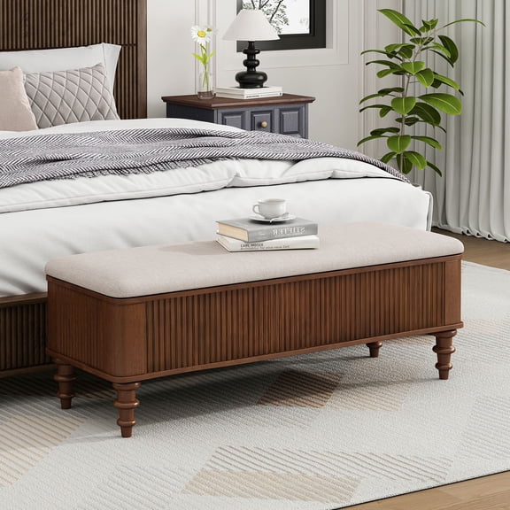 S-HOME Multi-Functional 50.8-Inch Bed End Storage Bench in Rubberwood with Cushion Seat - Ideal Shoe Organizer for Living Rooms